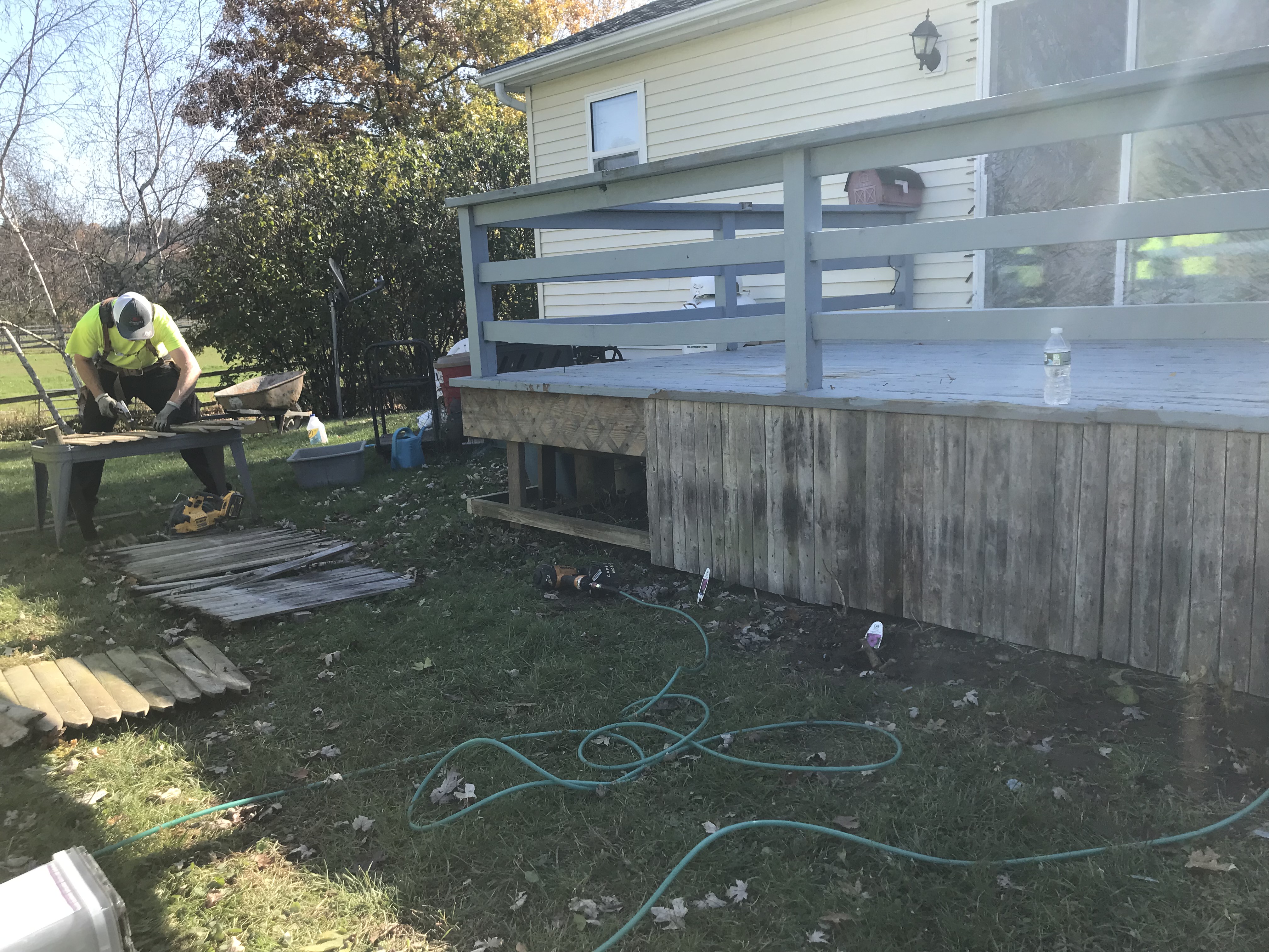 The deck skirt being repaired